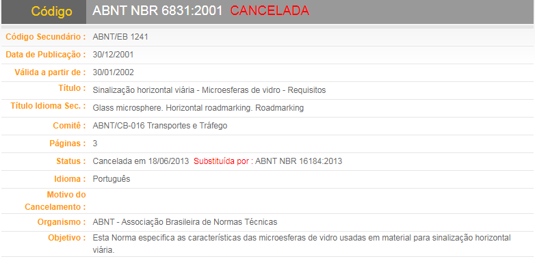 ABNT NBR 6831-2001 CANCELADA（Sinalização horizontal viária - Microesferas de vidro - Requisitos）