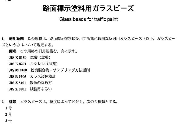 Japanese Standards - Glass beads for traffic paint JIS R3301-1995