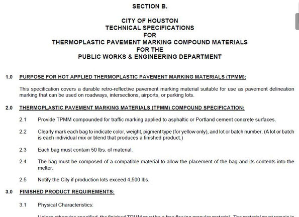 THERMOPLASTIC PAVEMENT MARKING COMPOUND MATERIALS FOR CITY OF HOUSTON